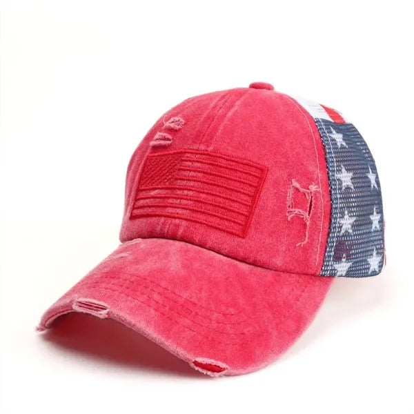 Distressed Star Fashion Ponytail Mesh Baseball Cap