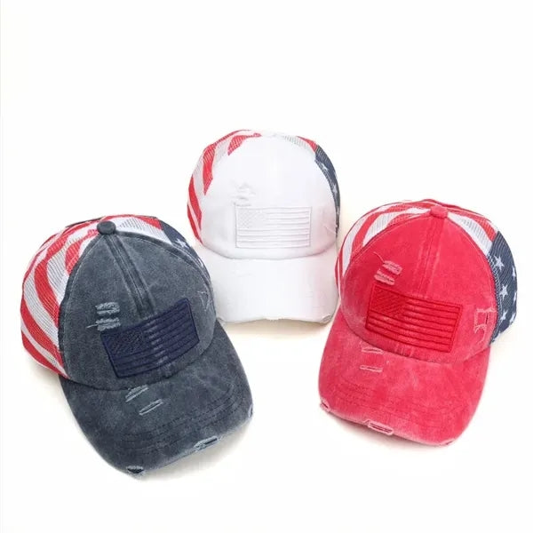 Distressed Star Fashion Ponytail Mesh Baseball Cap