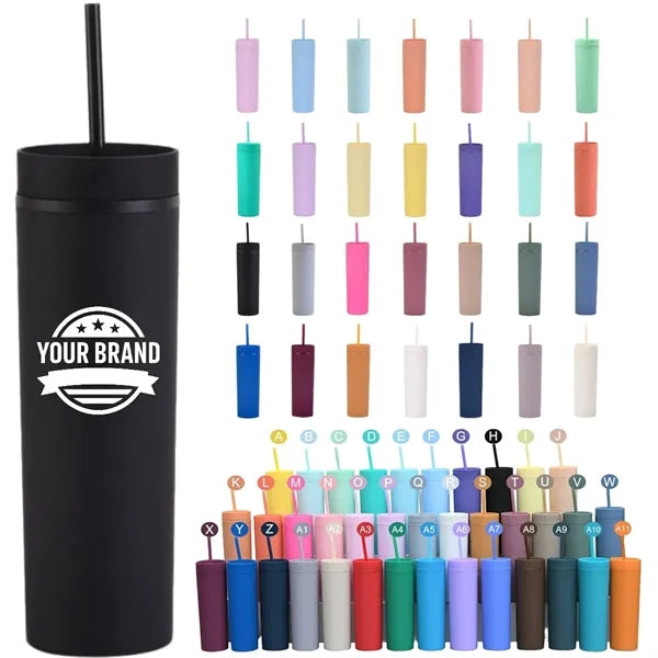 16Oz Tumbler with Lid Straw Double Wall Plastic Straight Cup