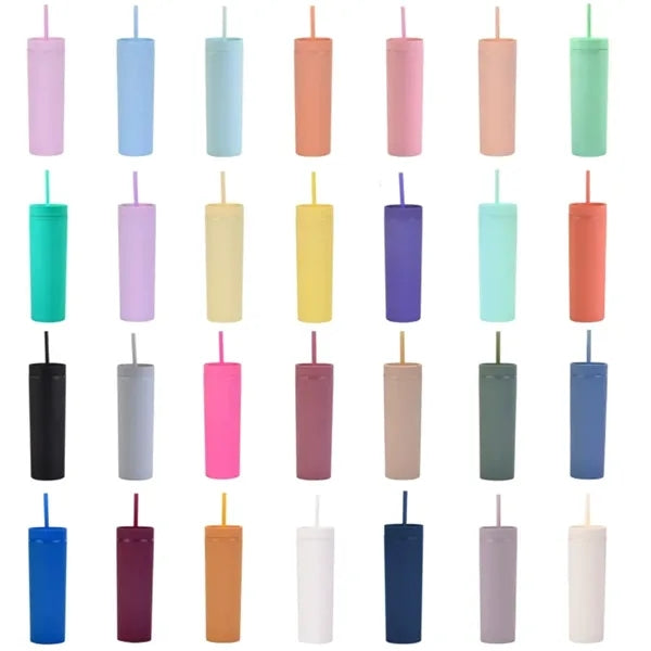 16Oz Tumbler with Lid Straw Double Wall Plastic Straight Cup
