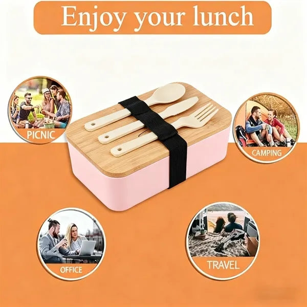 Compartmental Bamboo Lid Lunch Box With Insulated Bag Set