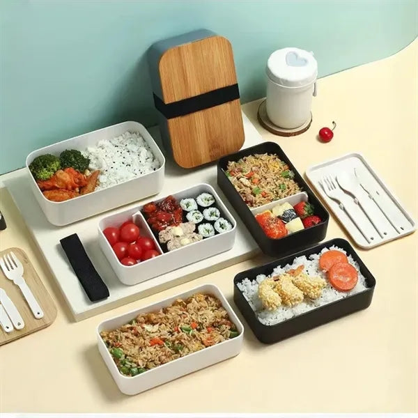 Compartmental Bamboo Lid Lunch Box With Insulated Bag Set
