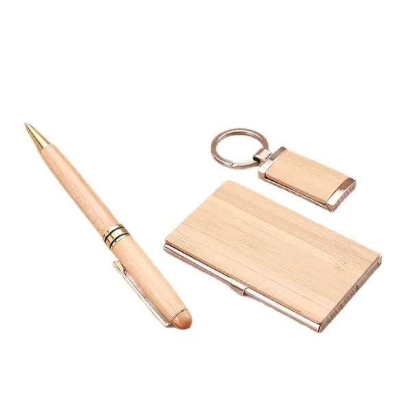 Bamboo Gift Set with Pen Business Card Holder and Keychain