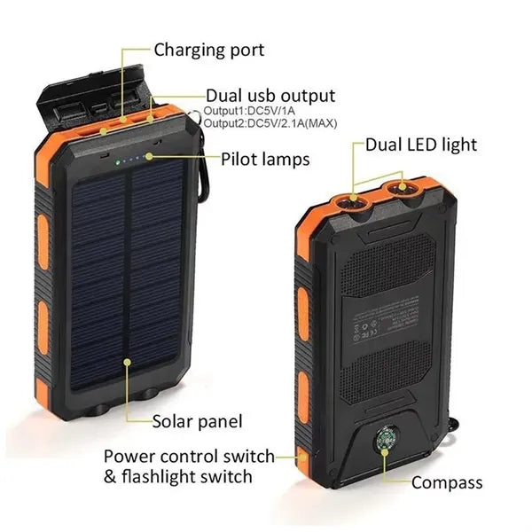 Waterproof Compass Solar Power Bank 8000mah
