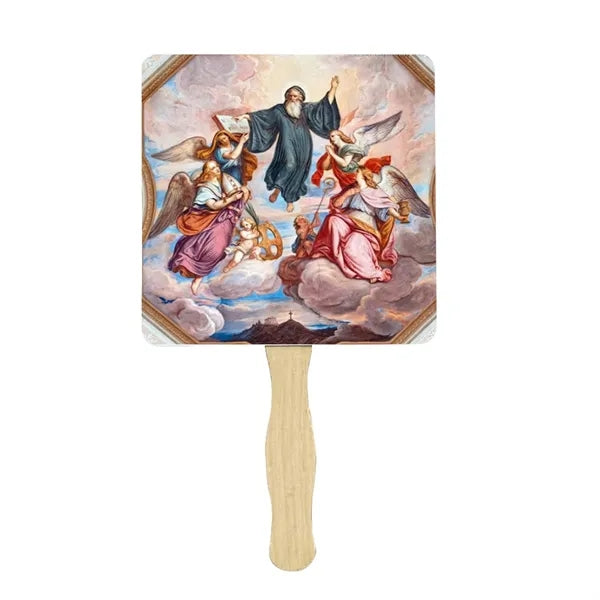 8" Square Shape Sandwich Hand Fans With Wooden Stick Handle