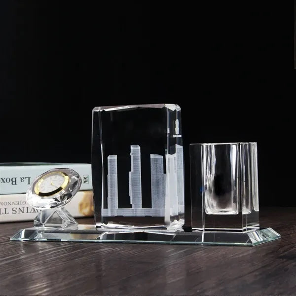 3 Sets Crystal Pen Holder Fusion Award Clock