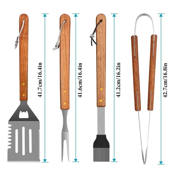 4 Piece Wooden BBQ Grill Tool Set with Carrying Bag