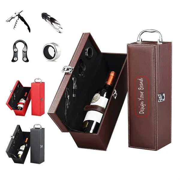 Portable PU Leather Wine Gift Box with 4 - Piece Tools