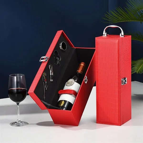 Portable PU Leather Wine Gift Box with 4 - Piece Tools
