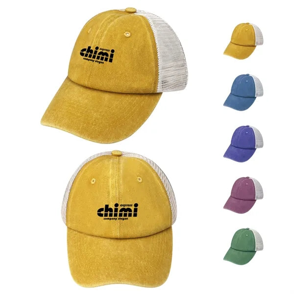 6 Panel Washed Cotton Trucker Hat W/ Mesh Back
