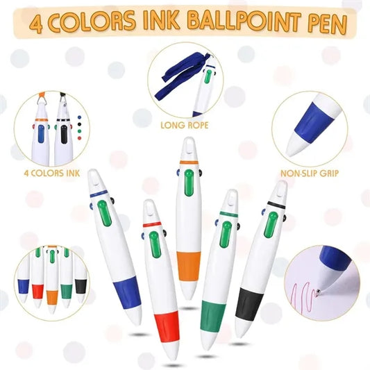 Retractable Lanyard Pen with Chain - 4 Color Ink Ballpoint P