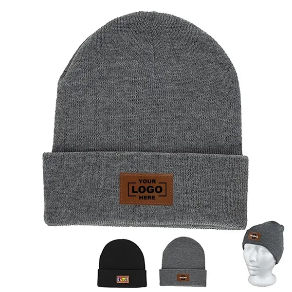 Knit Cuffed Beanie with Leather Patch