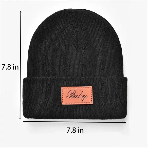 Knit Cuffed Beanie with Leather Patch