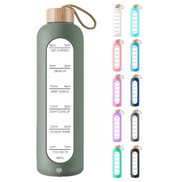 32oz Glass Water Bottle with Bamboo Lid and Time Markings