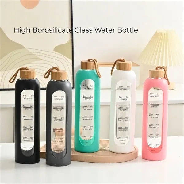 32oz Glass Water Bottle with Bamboo Lid and Time Markings