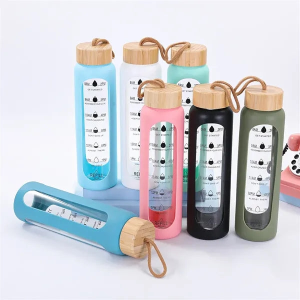 32oz Glass Water Bottle with Bamboo Lid and Time Markings