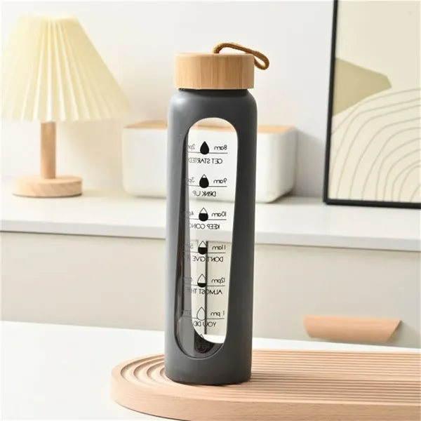 32oz Glass Water Bottle with Bamboo Lid and Time Markings