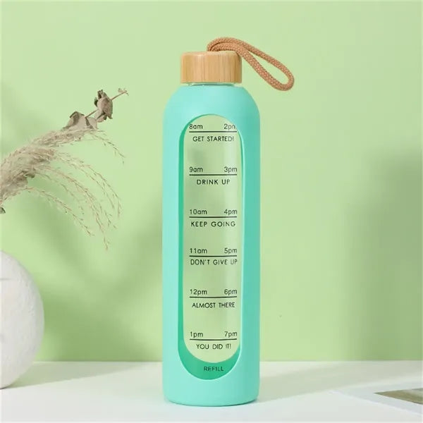 32oz Glass Water Bottle with Bamboo Lid and Time Markings