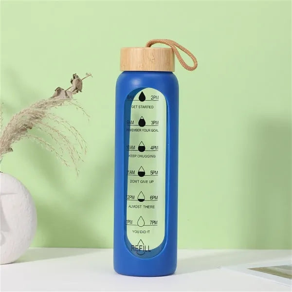 32oz Glass Water Bottle with Bamboo Lid and Time Markings