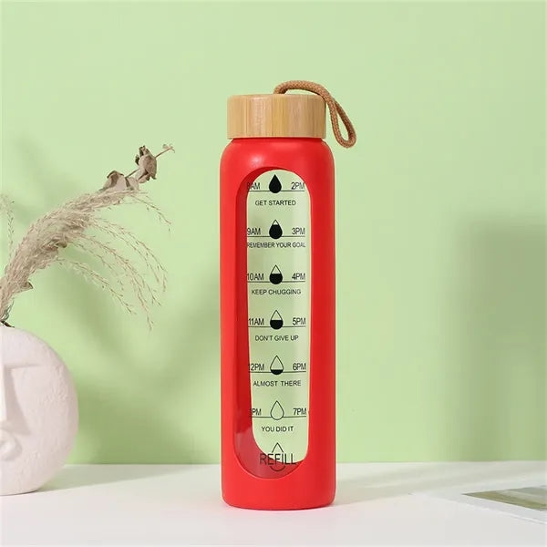 32oz Glass Water Bottle with Bamboo Lid and Time Markings