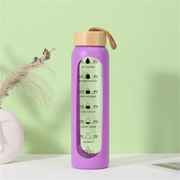 32oz Glass Water Bottle with Bamboo Lid and Time Markings