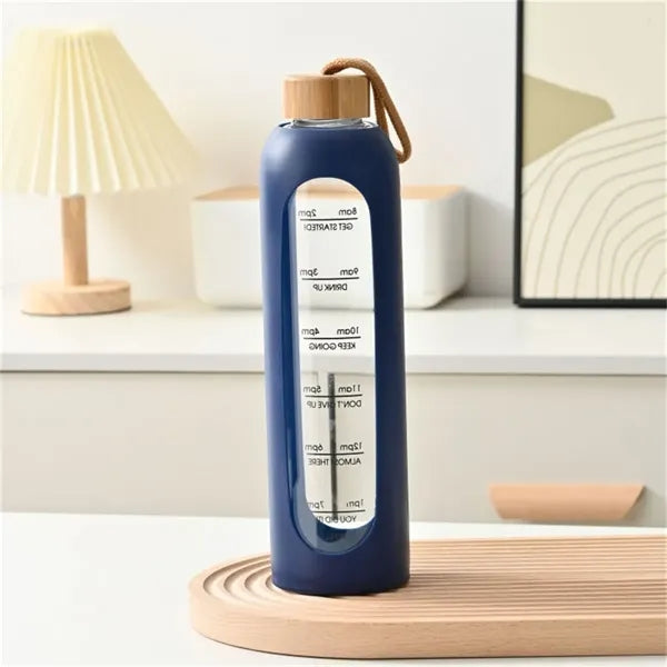 32oz Glass Water Bottle with Bamboo Lid and Time Markings