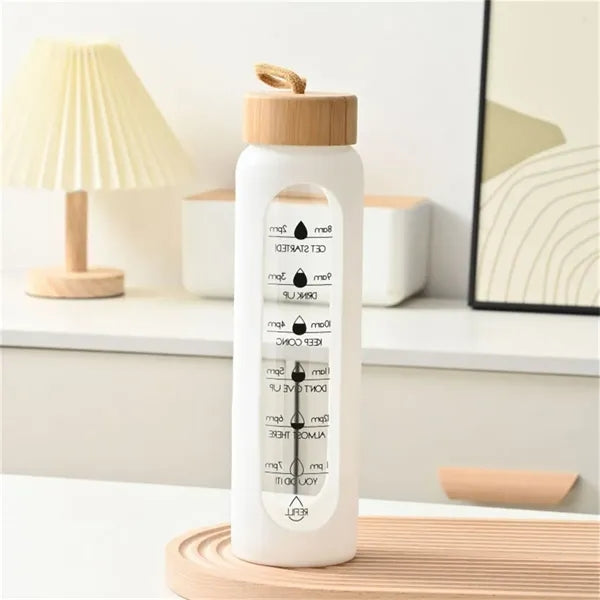 32oz Glass Water Bottle with Bamboo Lid and Time Markings