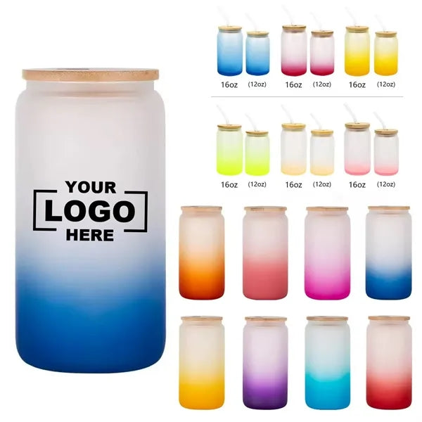 16oz Gradient Frosted Glass Mason Jar with Bamboo Lid