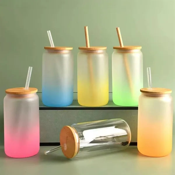 16oz Gradient Frosted Glass Mason Jar with Bamboo Lid
