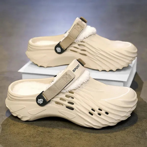 Fleece-lined EVA clogs, thick sole,washable lining, strap