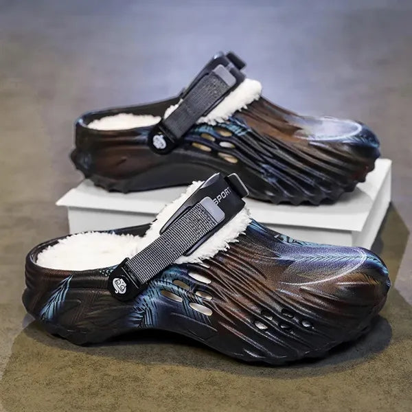 Fleece-lined EVA clogs, thick sole,washable lining, strap