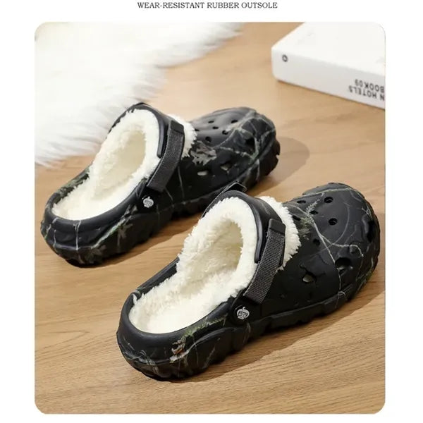 Fleece-lined EVA clogs, thick sole,washable lining, strap