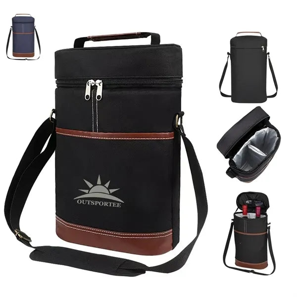 2 Bottle Wine Cooler Bag Zipper Strap Insulated Handbag