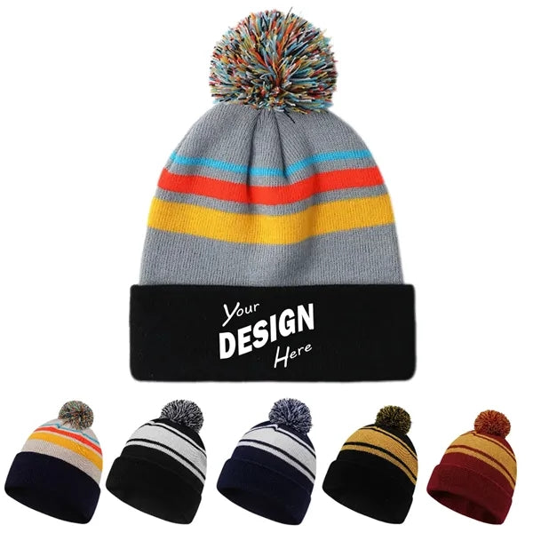 Colorful Striped Pom-Pom Knit Hat