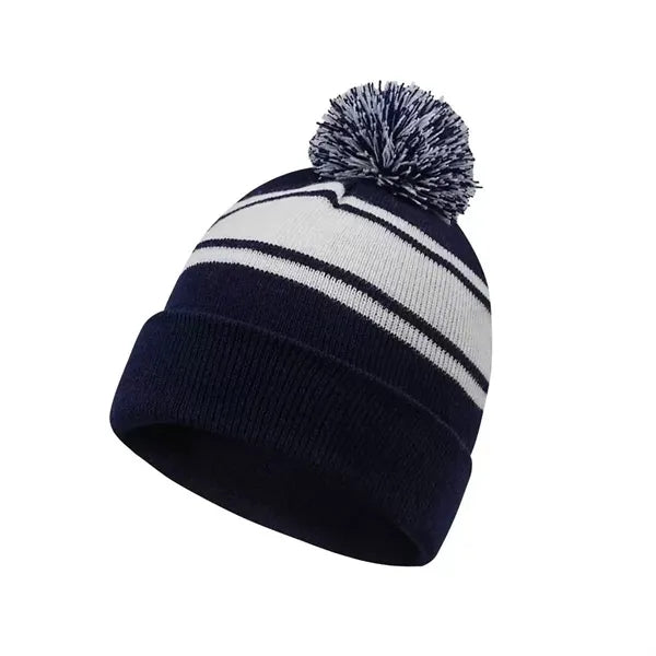 Colorful Striped Pom-Pom Knit Hat