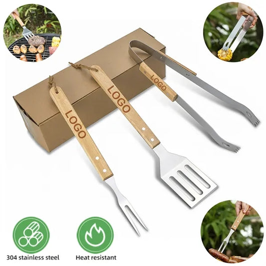 3-Piece Wood Handle Bbq Grill Tool Set