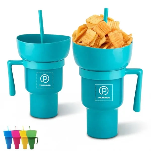 2-in-1 snack drink cup with straw for beach/movies/stadium