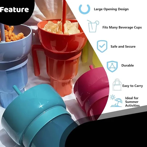 2-in-1 snack drink cup with straw for beach/movies/stadium