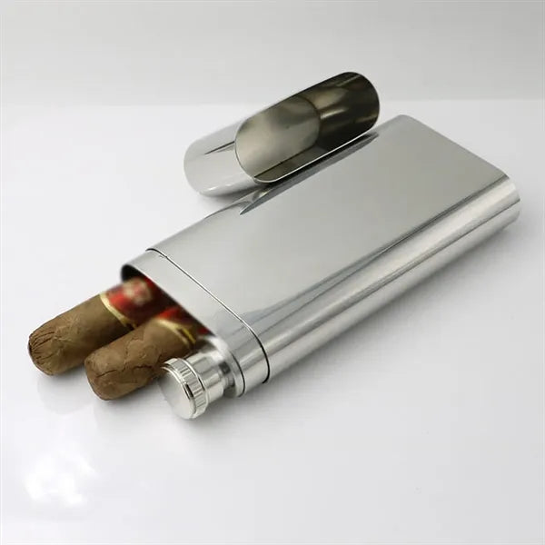 Men Gift 2 oz Stainless Steel Hip Flask with Cigar Tube