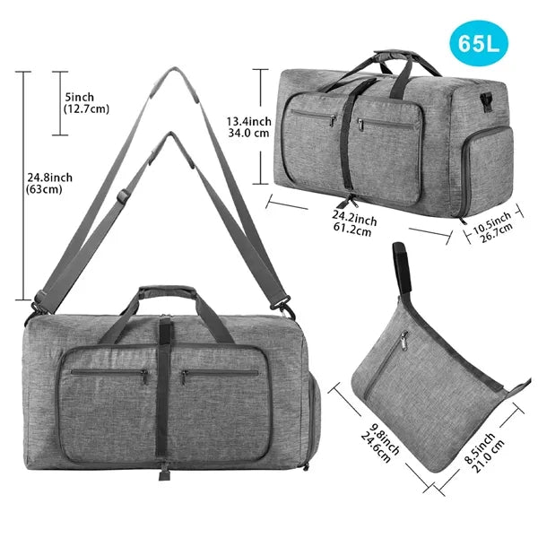 65L foldable travel duffle bag with shoe compartment
