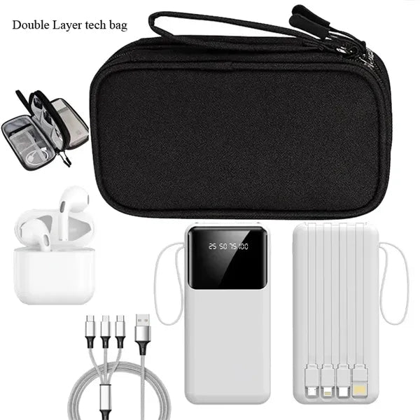 Electronics Travel Organizer With Power Bank Earbud Cables