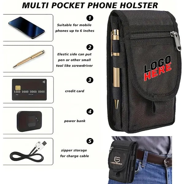 Multi-pocket Phone Belt Waist Pouch Holster With Pen Holder