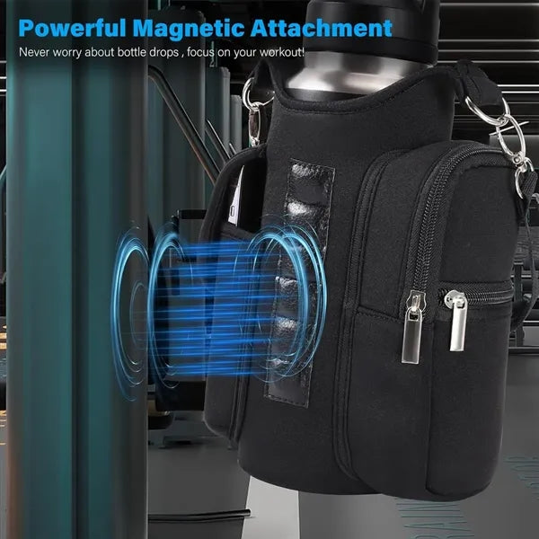 Magnetic gym bag bottle carrier holder with phone pocket