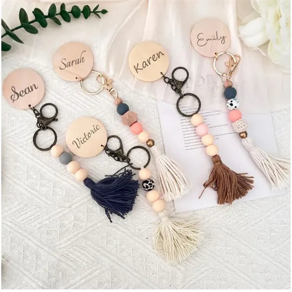 Nordic Style Wooden Bead Tassel Keychain Pendant