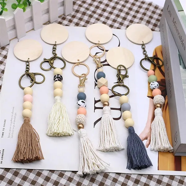 Nordic Style Wooden Bead Tassel Keychain Pendant