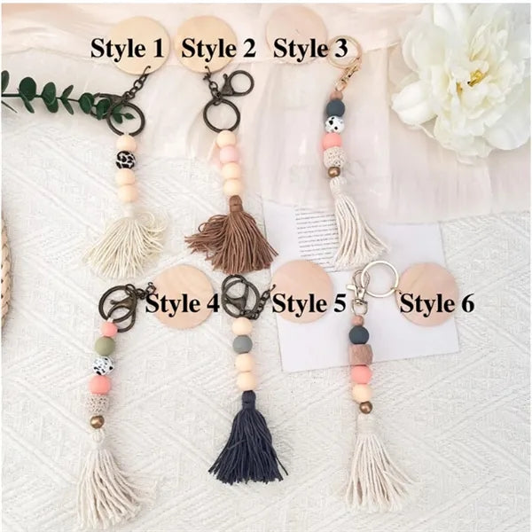 Nordic Style Wooden Bead Tassel Keychain Pendant