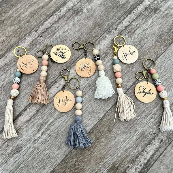 Nordic Style Wooden Bead Tassel Keychain Pendant