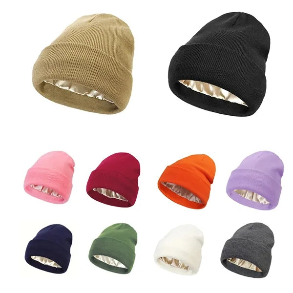 Satin Lined Knit Beanie Soft Warm Slouchy Winter Skull Cap