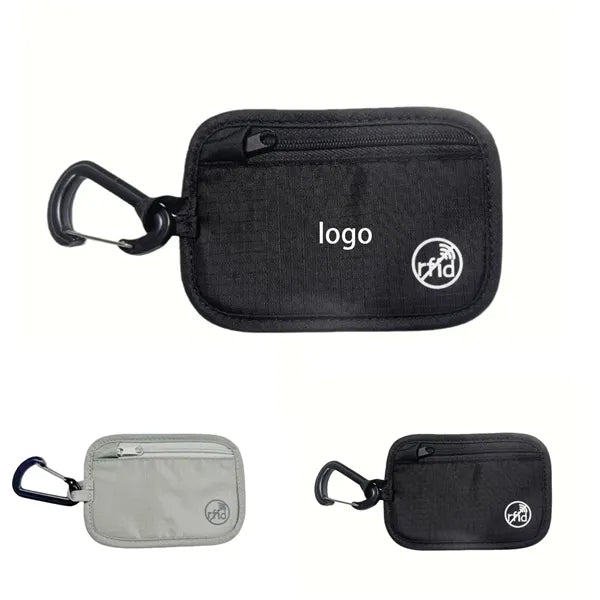 RFID Blocking Checkered Nylon Pouch with Carabiner Clip