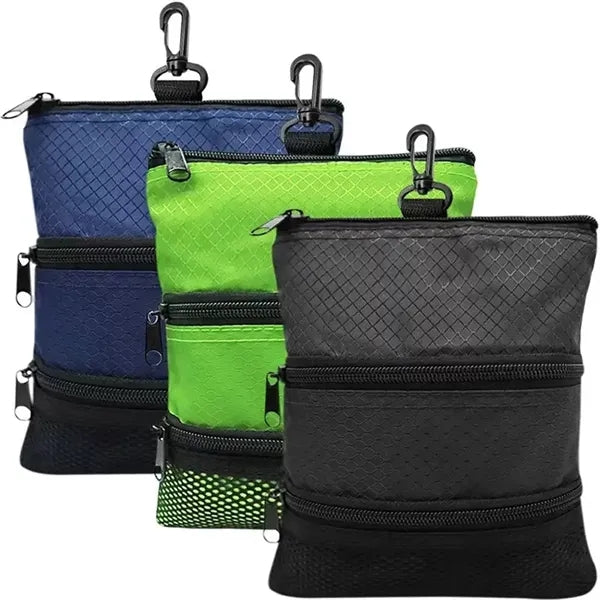 Zippered Golf Valuables Pouch 3 Pocket Tee Ball Bag